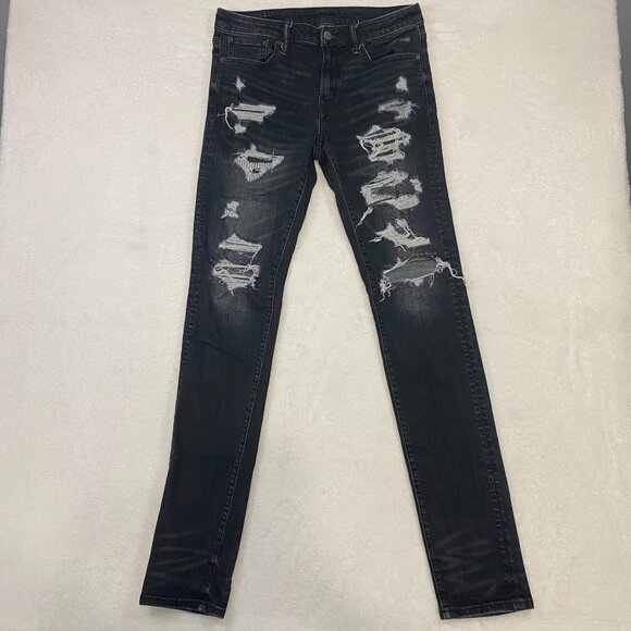 American Eagle Next Level Airflex Stacked Skinny Jeans Mens 32x35 Black Distress - Picture 2 of 12